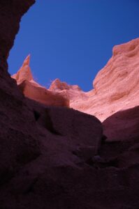 Red Blades, pinnacles and towers of red-colored gravel and clay
